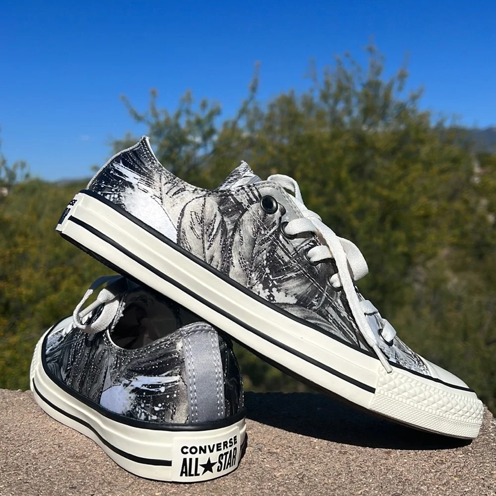 🪶 New Embroidered Feathers Converse CTAS Gray & Black Low Top Boho Sneakers - Picture 11 of 16